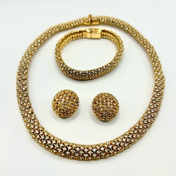Vintage CINER Gold Tone Rhinestone Necklace Bracelet Earrings Set - Picture 2 of 14